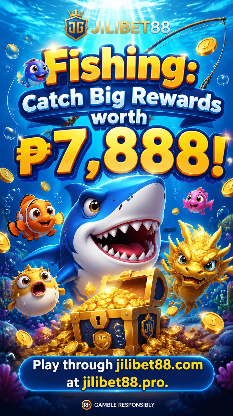 Fishing arcade game screen with bright ocean visuals and coin targets